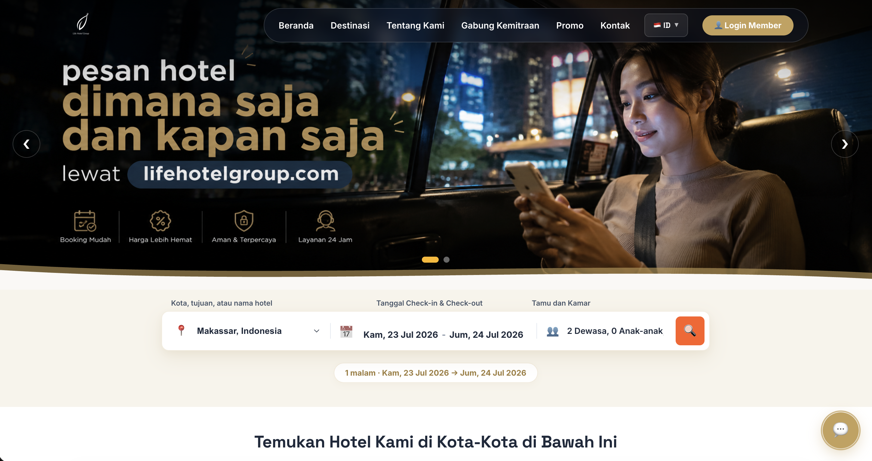 Booking Engine homepage with hotel search interface