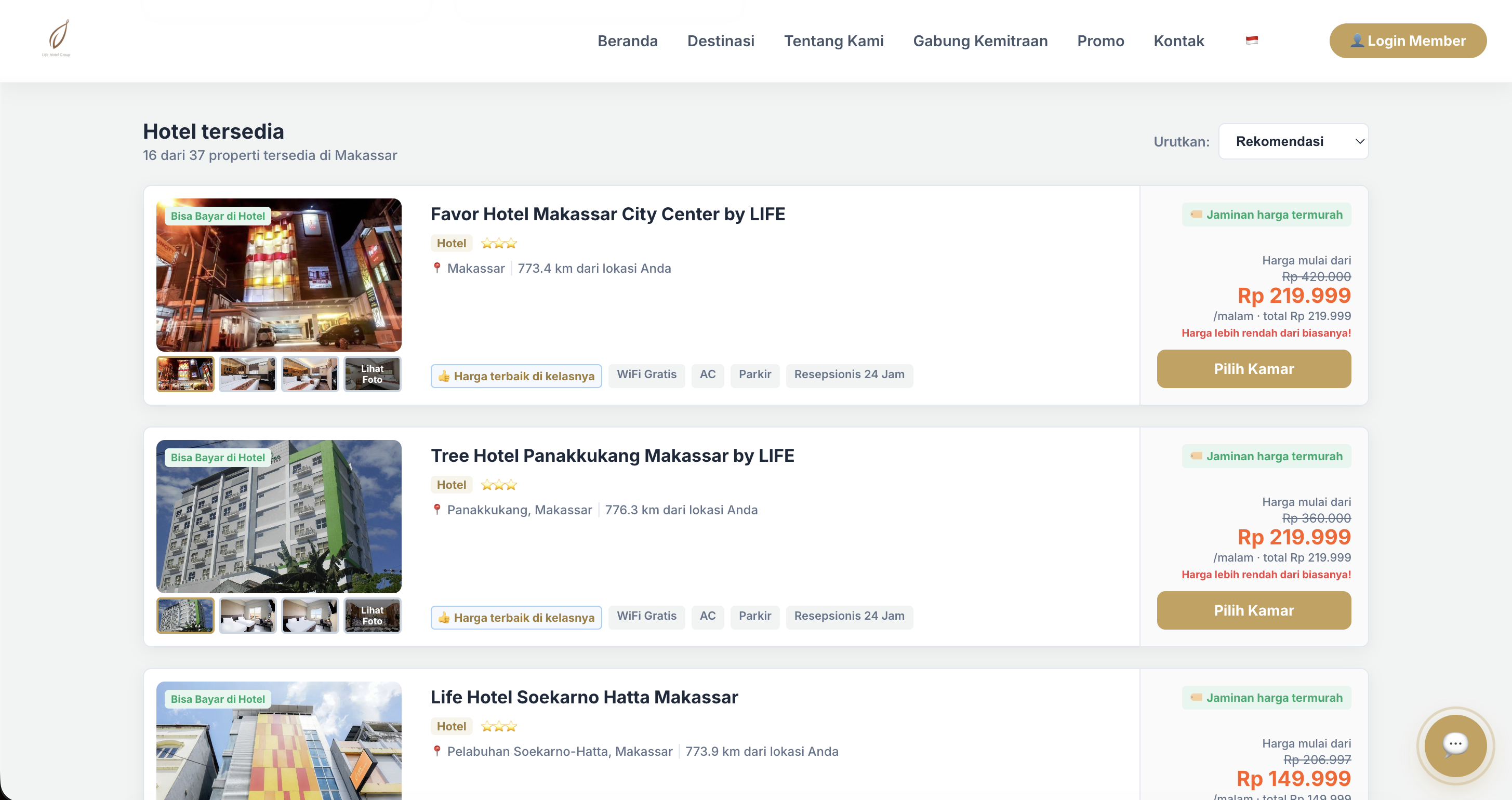 Booking Engine hotel availability and results page