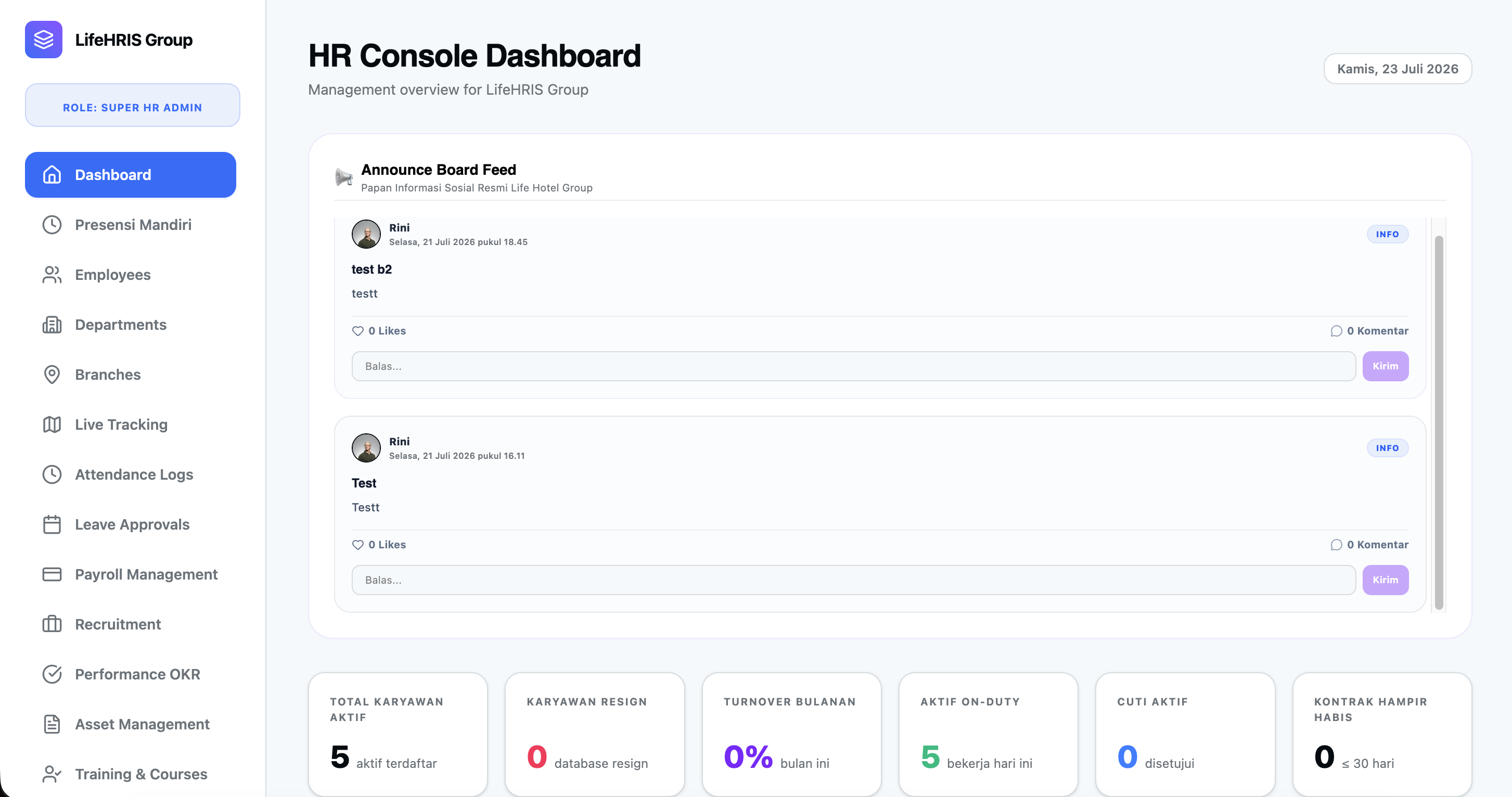 LIFE HRIS role-based HR console dashboard
